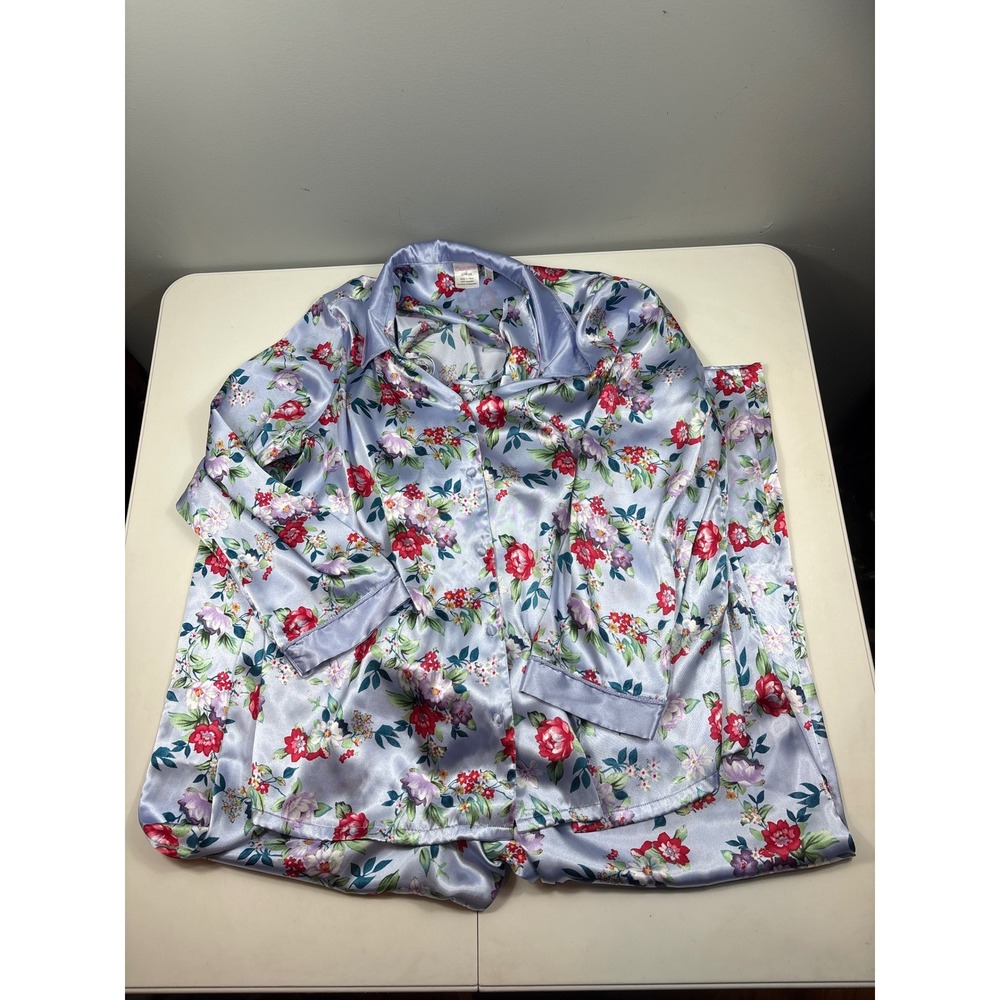 Vintage Enchanting 3 Pc Satin Polyester Floral Pajama Set Blue XL Top Tank Pants